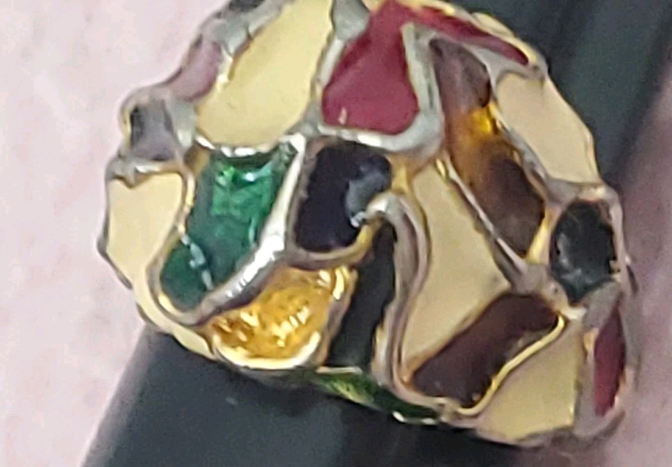 vintage modernist enamel dome ring, Chunky mosaic “brutalist” F5