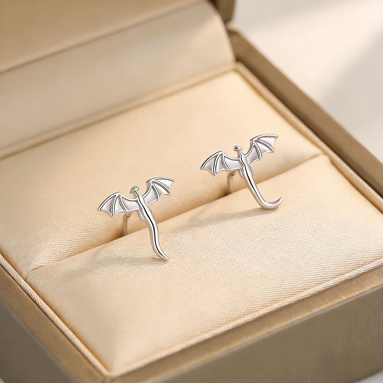 14K White Gold Plated Dragon Wing Stud Earrings – Gothic Fantasy Jewelry