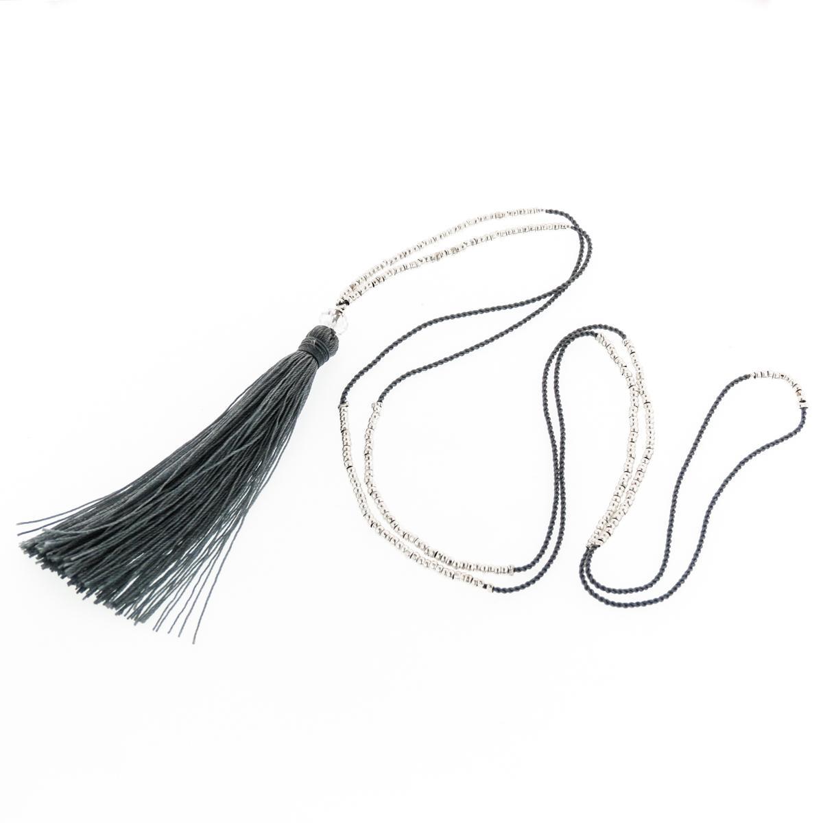 32″ LONG BEADED MIXED COLOR WITH SILVER BEADS TASSEL PENDANT necklace