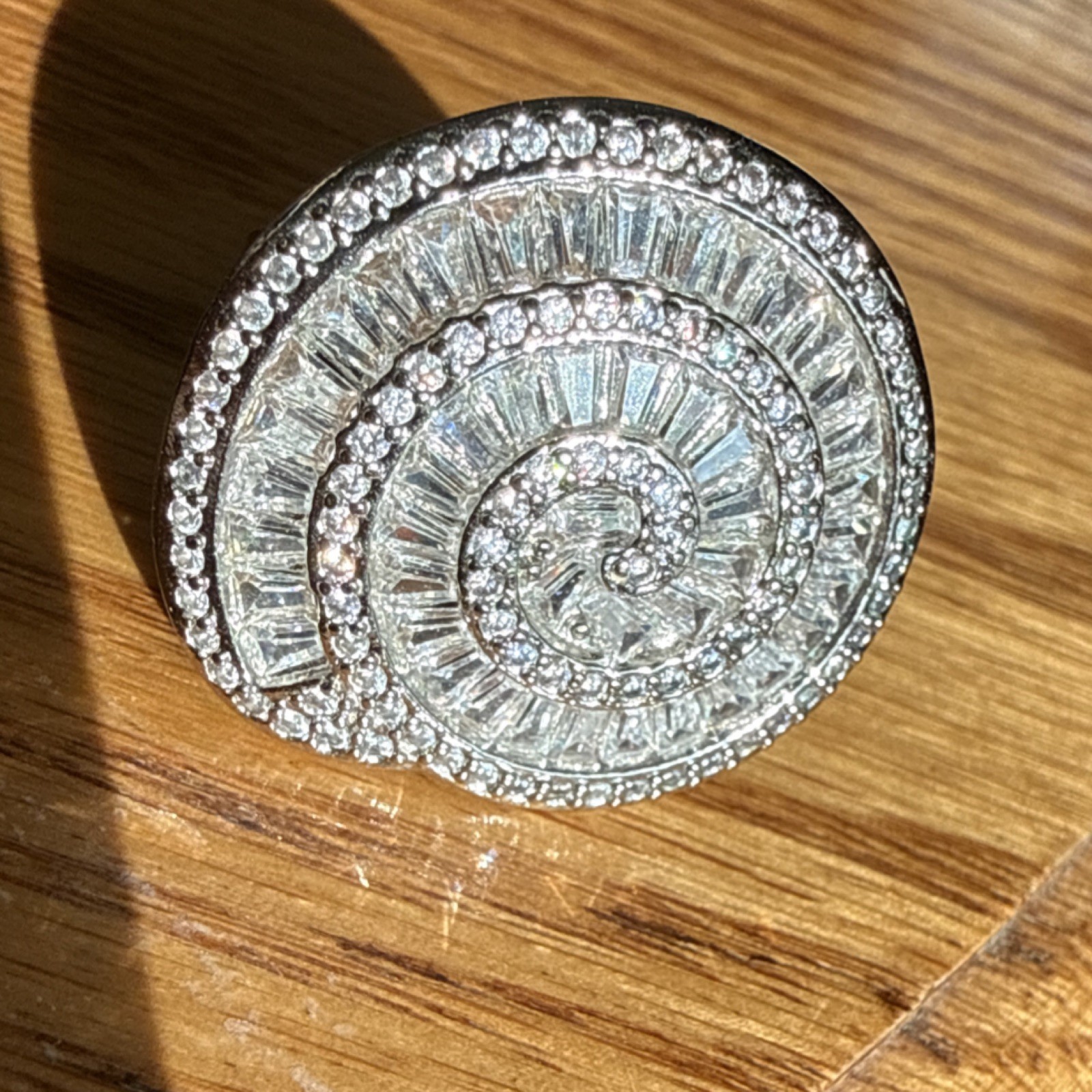 Silver-Tone Stainless Steel Spiral Cocktail Ring, White Crystal Baguette, 9-9.25