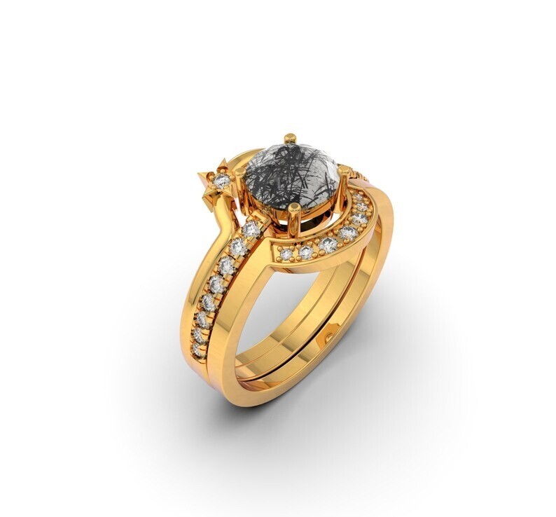 Gold Black Rutile Engagement Ring Set Triple Ring Set Silver Wedding Womens Ring