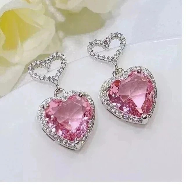 2CT Heart Cut Pink Simulated Sapphire Dangle Drop Earrings 14K White Gold Plated