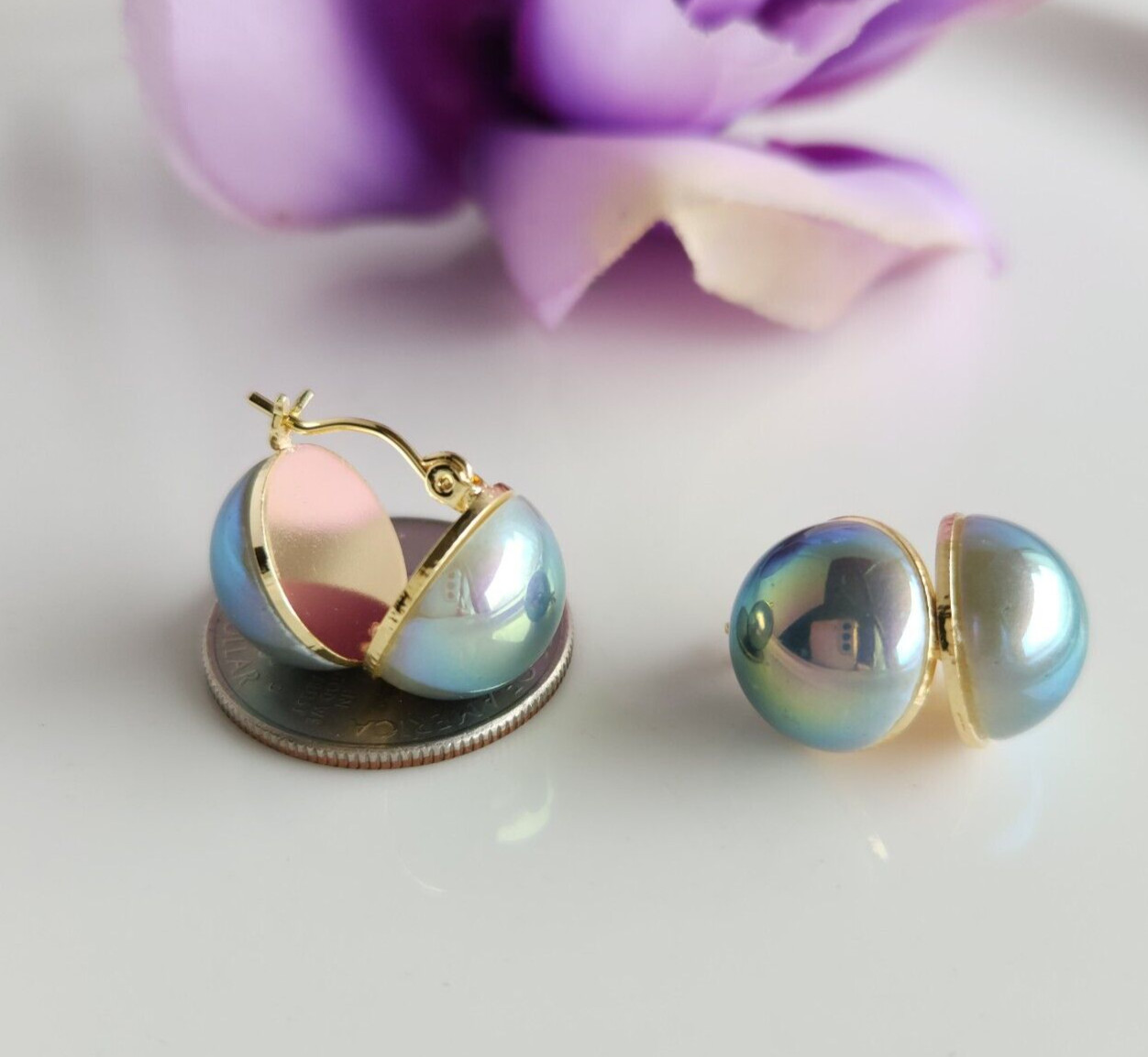 Double Sea Shell Blue Grey MABE 14mm Pearl HOOP Stud Earrings 14K Gold Plated