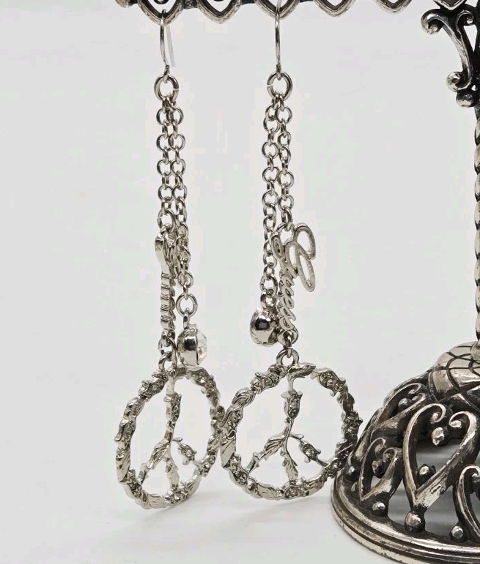 Guess PEACE Sign Earrings Chandelier Silver tone Circle Dangle Drop 3.5 in
