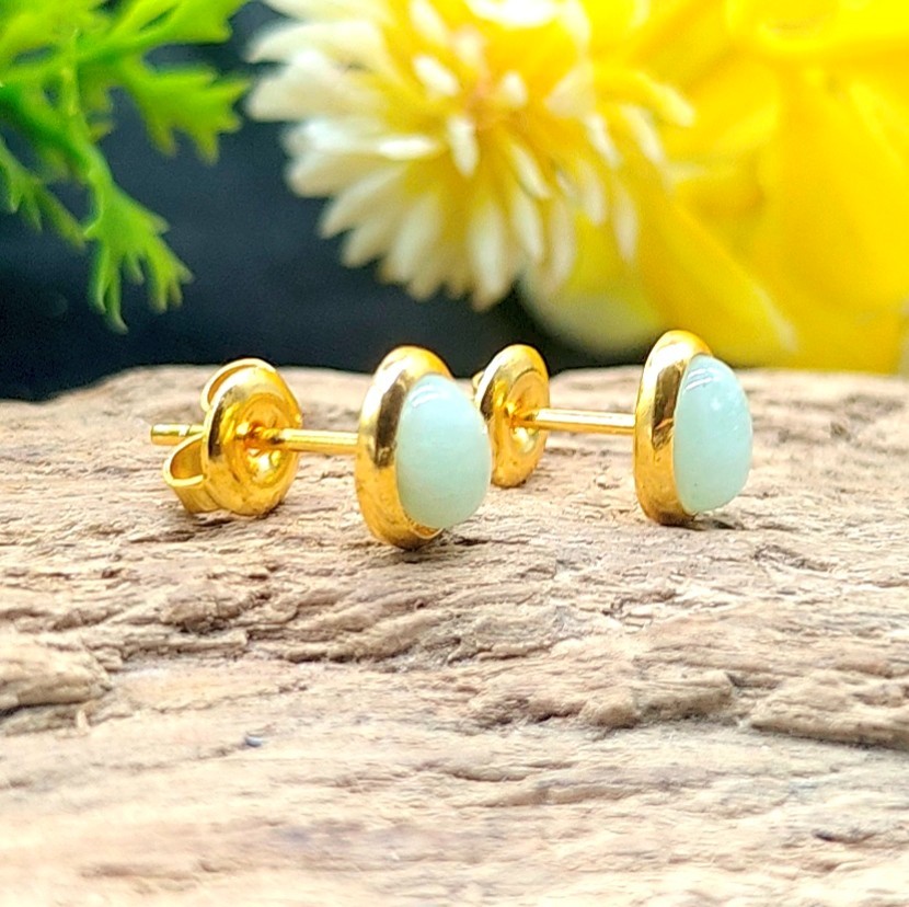 Natural Amazonite Studs Pair, 6x8mm Oval Gemstone Earrings Gold Plated Jewelry
