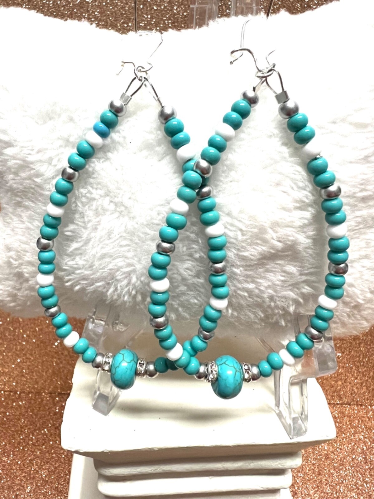 Silver Seed Bead Teardrop Sterling Earrings W Turquoise Roundelle Beads 3.5 In
