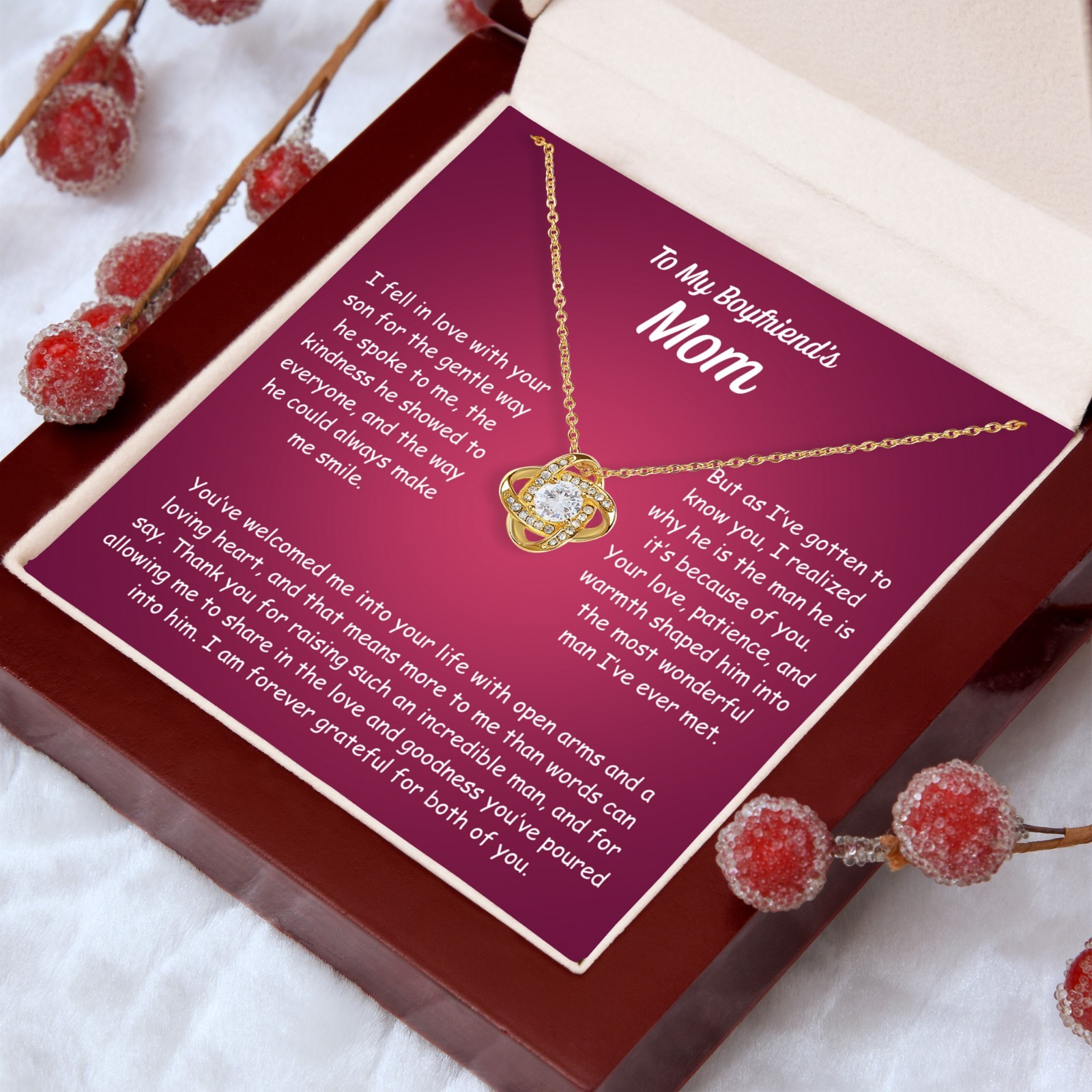 Boyfriends Mom Birthday Necklace Gift Set Message Card Wooden Box