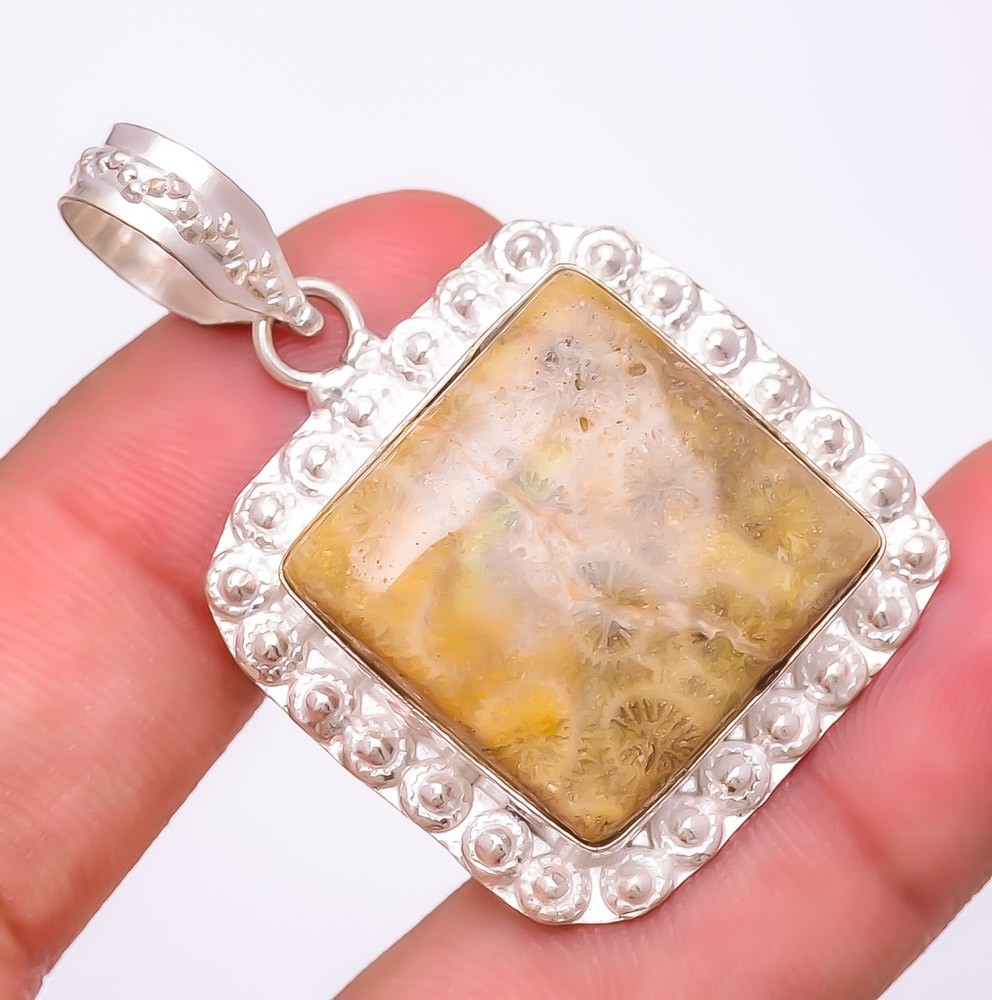 Natural Fossil Coral Gemstone 925 Silver Plated Jewelry Pendant 1.8″ T2748