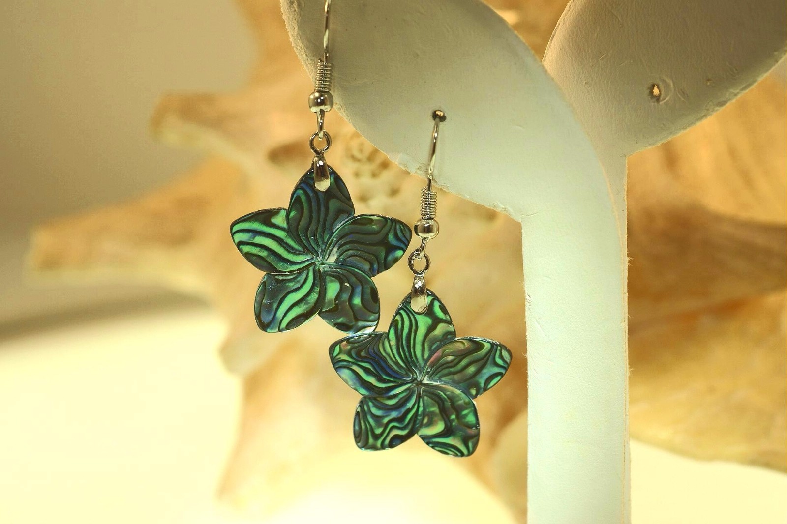25mm HandCarved Paua Abalone Shell Hawaiian Plumeria 316L Dangling Hook Earrings