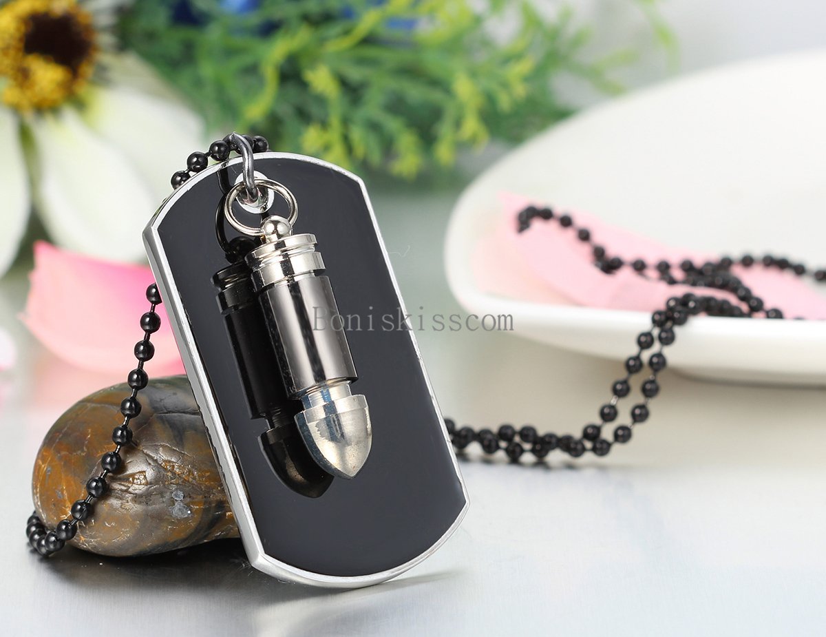Men’s Stainless Steel Black Bullet Dog Tag Pendant Necklace w Bead Chain