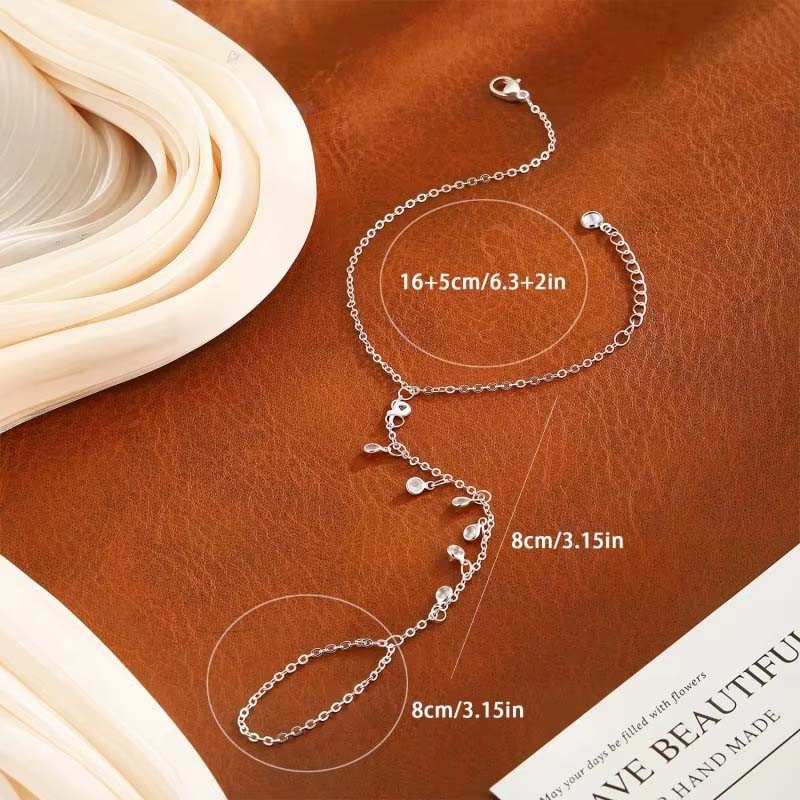 Stainless Steel Zircon Hand Harness Bracelet Ring Chain Tassel Jewelry for Women