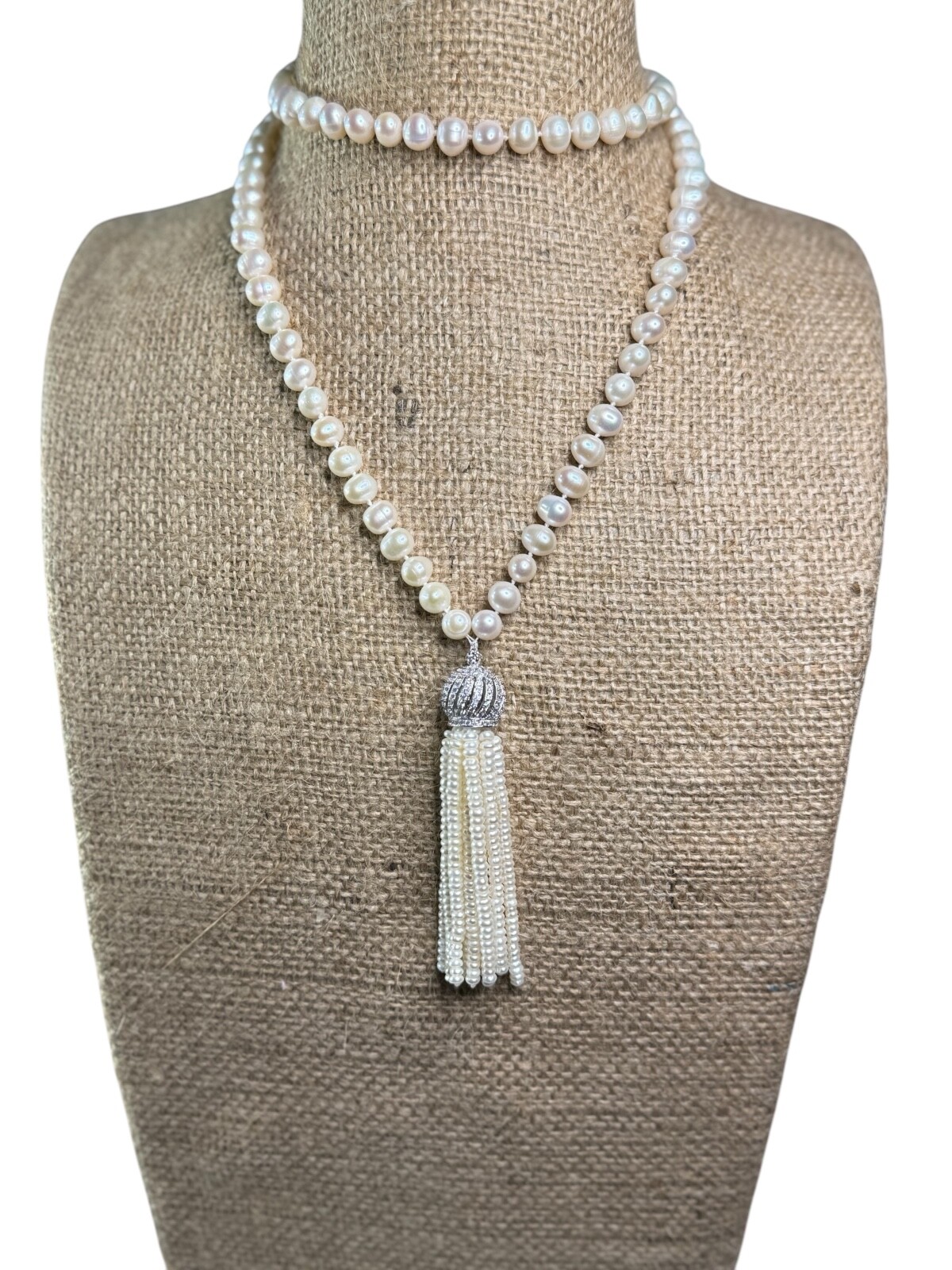 Elegant Hand-Knotted Freshwater Pearl Tassel Necklace 8.6mm 100g Rhinestone Cap