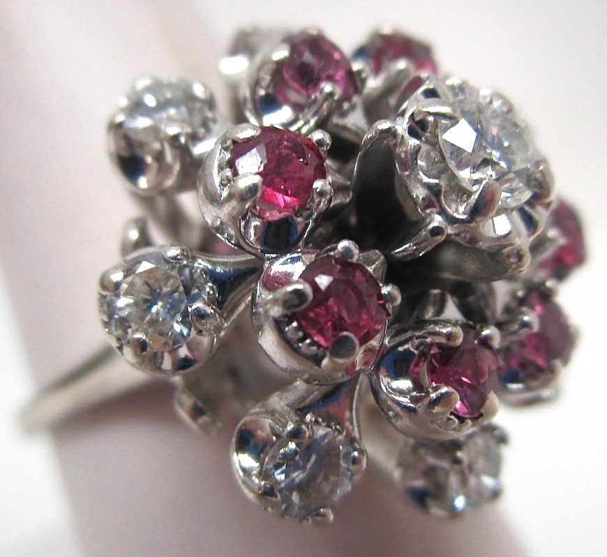 14k White Gold Diamond and Ruby Cluster Ring with Appraisal Size 7 0.96ct TW