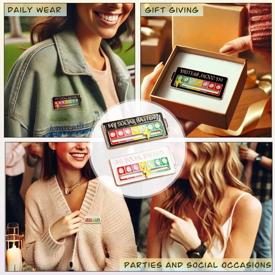 Funny Social Battery Slider Pin – 7-Mood Expression Badge, Cute Interactive Pin