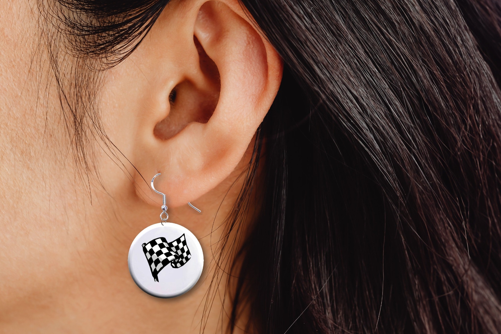 Checkered Flag Auto Racing Button Earrings Jewelry 1″ Dangle MADE IN USA – NEW
