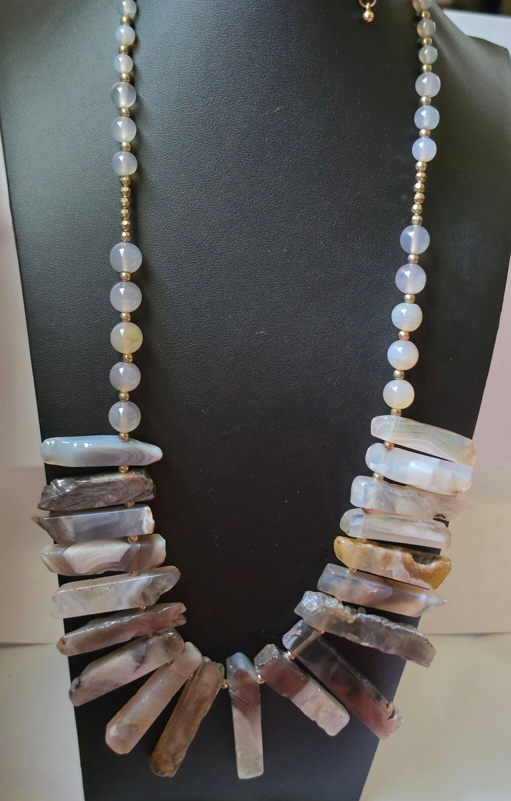 Banded Agate Slice Statement Bib 34″ Adj. Necklace Faceted Chalcedony Beads