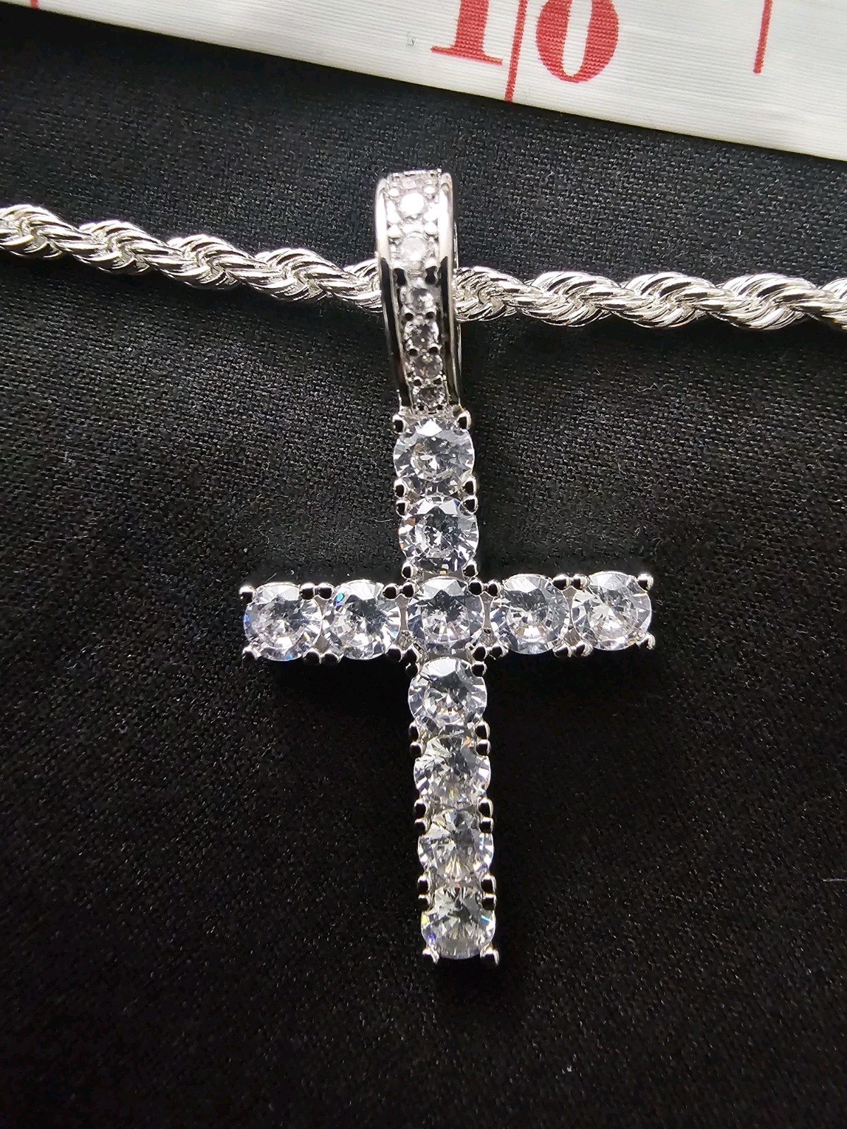 16in.Sterling Silver-Plated Rope-2.9mm Chain Cross Pendant Charm w/ 11 CZs