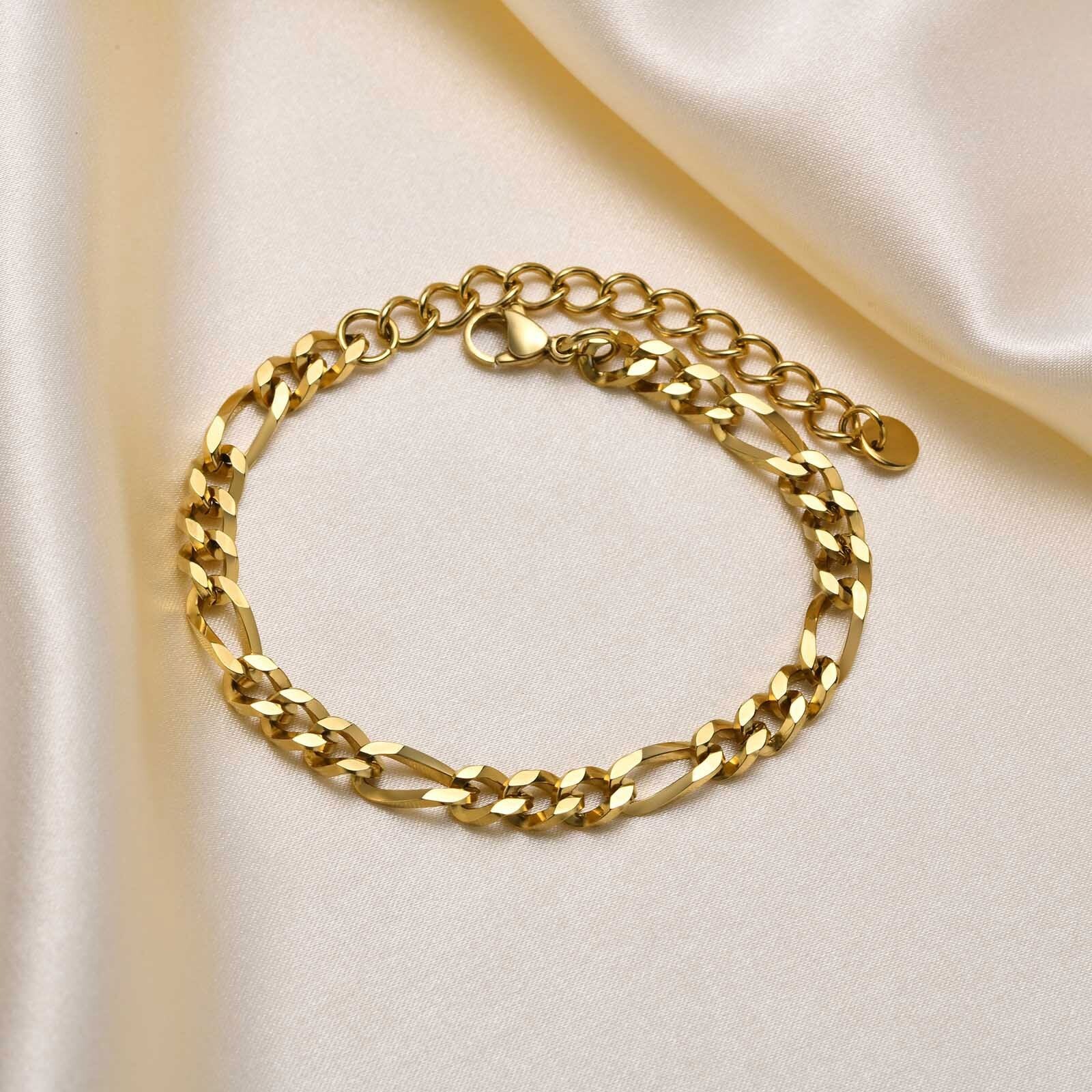 5.5mm Figaro Chain Bracelets Unisex Stainless Steel Curb Links Gold Unisex 160mm