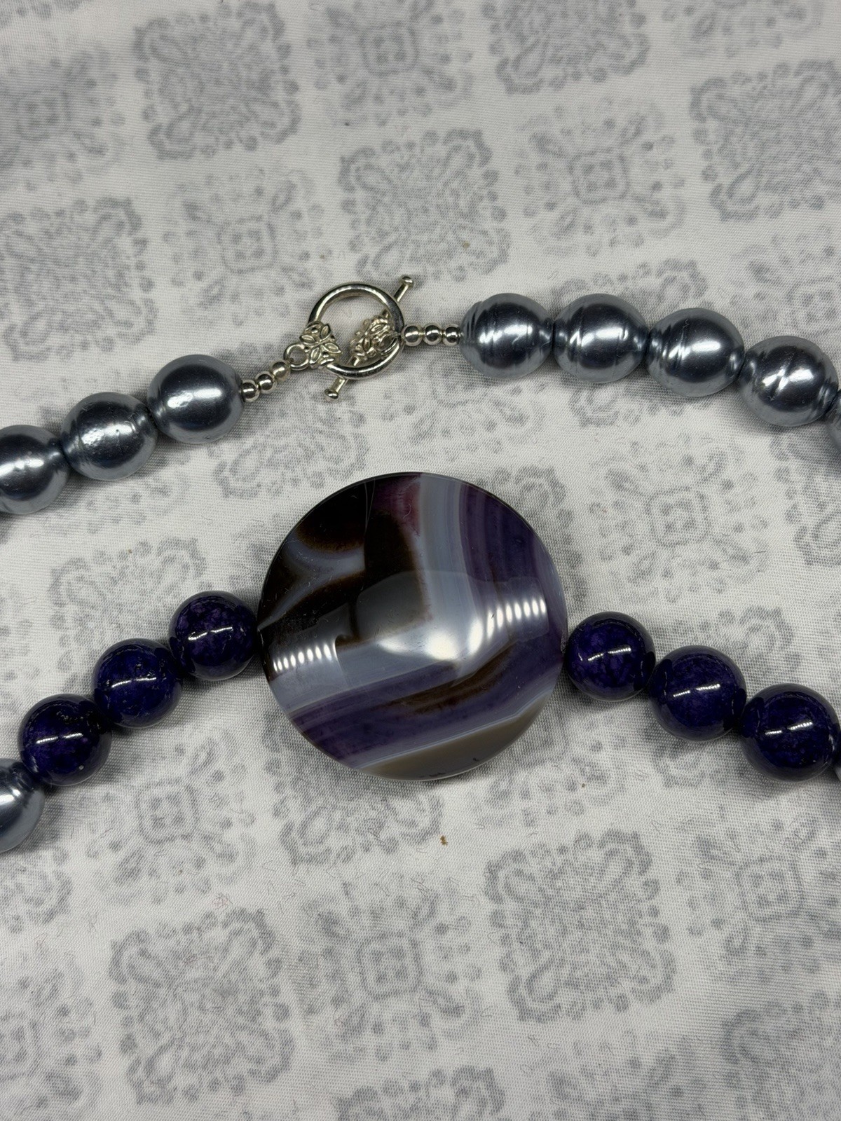 Artisan Banded Purple Agate Statement Necklace Pearl Beads Silver Clasp OOAK