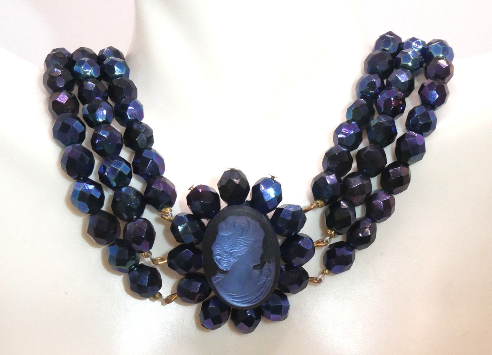 Vtg Glass Cameo 3 Strand Choker Necklace Peacock Black Blue Glass Faceted Beads