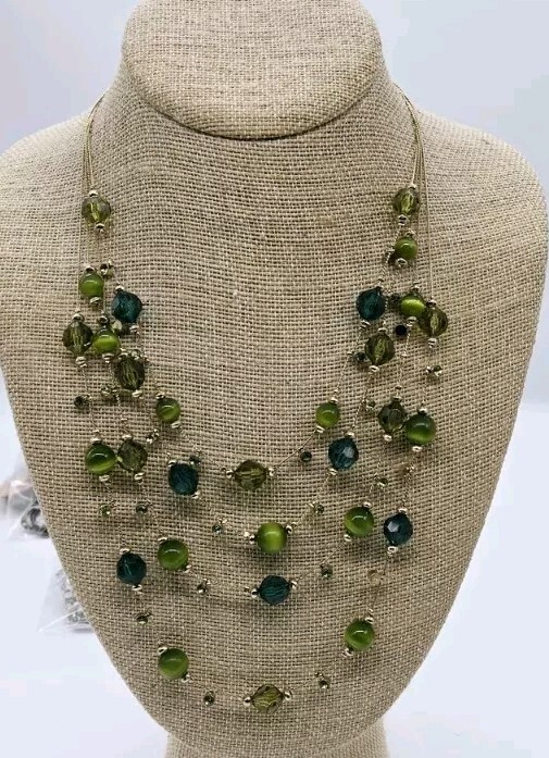 Green & Gold Beaded Layered Necklace Gold Tone 4 Row Faux Cat Eye 18 in