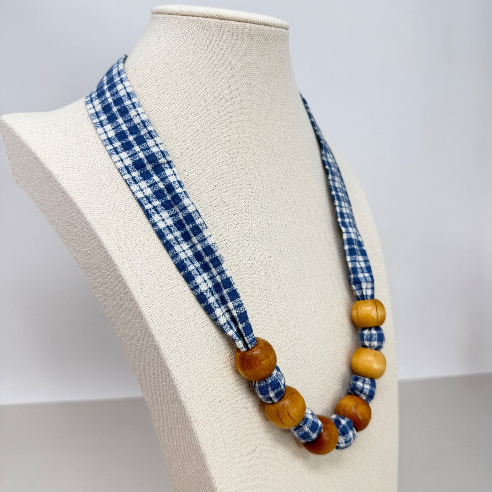 Blue Gingham Fabric Tie Necklace with Natural Wood Beads Cottagecore Vintage 80s