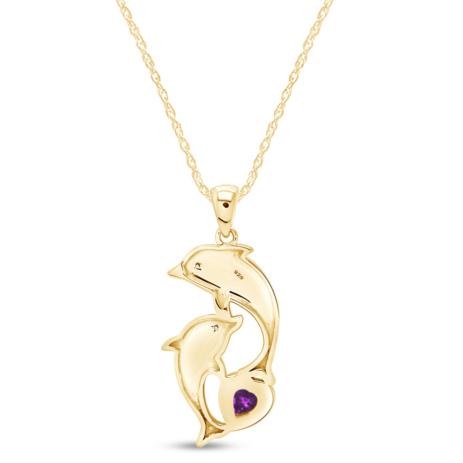Dolphin Pendant Necklace 18″ Simulated Amethyst 14K Yellow Gold Plated Sterling