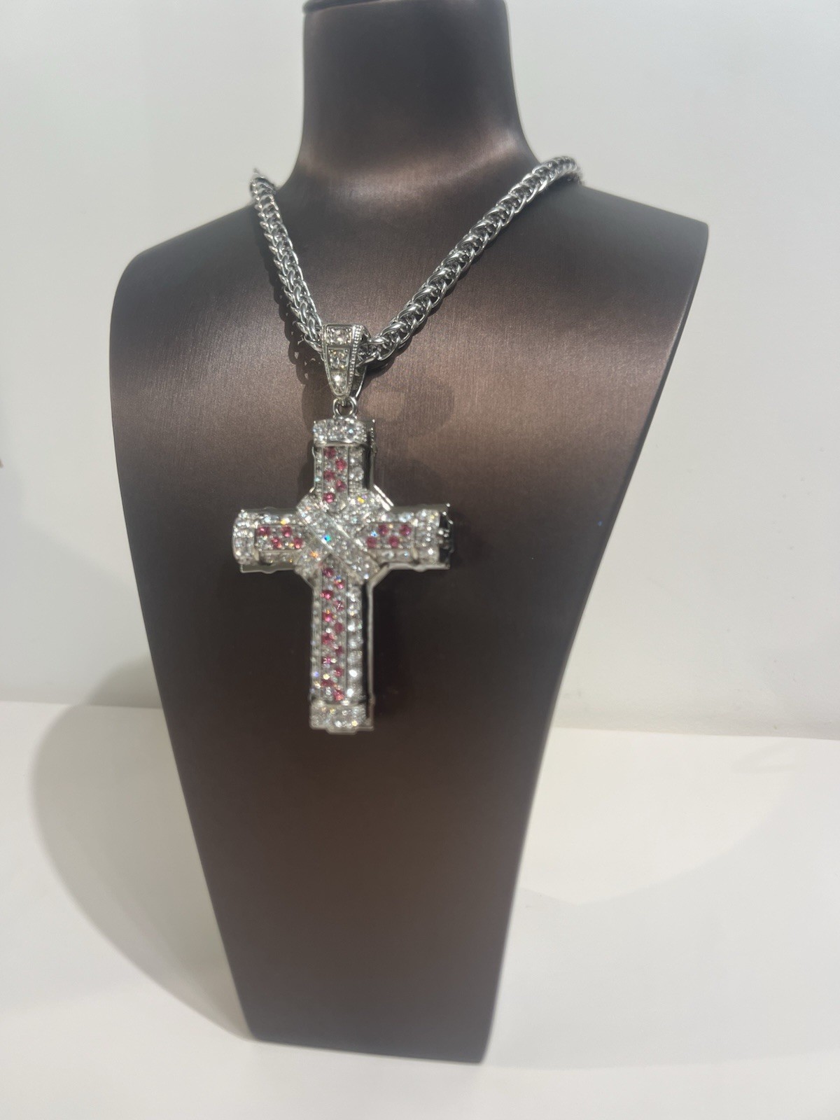 Stainless Steel CZ Cross Pendant Necklace, Silver Tone, Red Cubic Zirconia Chain