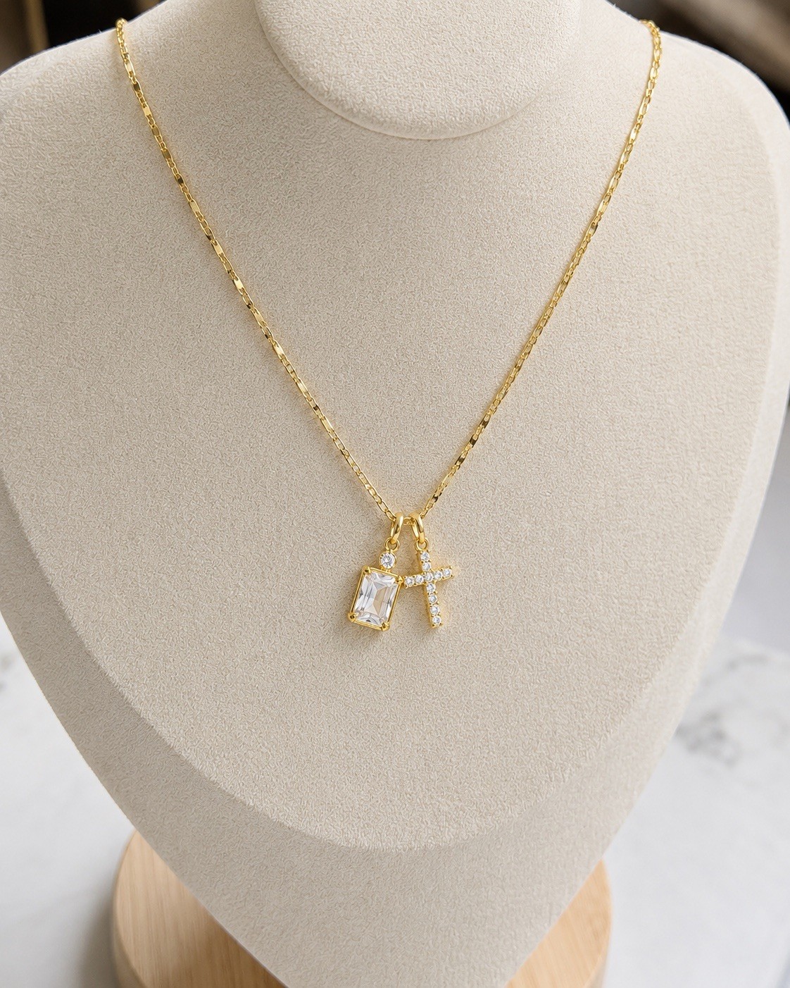 18K Gold Plated Crystal Cross Necklace, Dainty Gold Charm Necklace, Minimalist