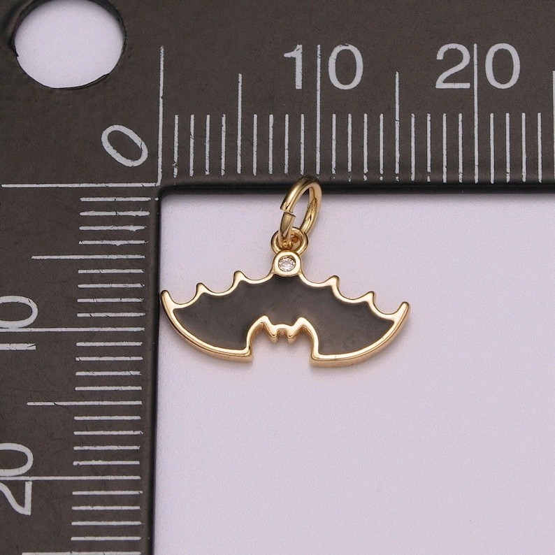 18k Gold Filled Dainty Black Enamel Bat and Broom Charm, Halloween Inspired Spoo