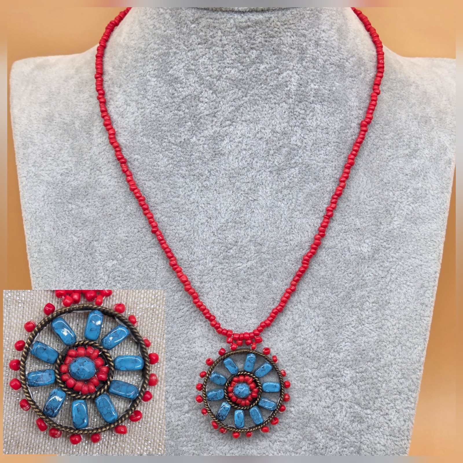 Vintage Faux Turquoise Coral Flower All Occasion Day & Evening Fun Necklace