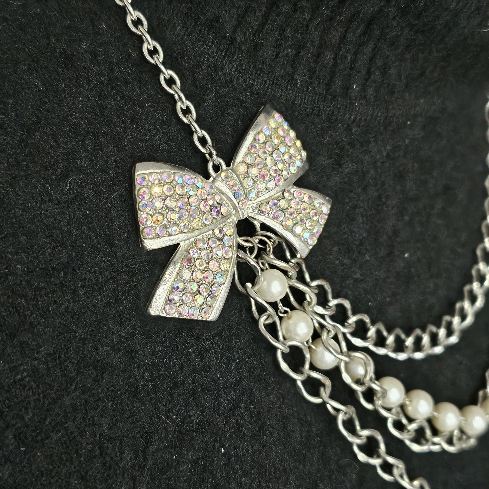 Silver Tone Bow Statement Necklace Faux Pearl Layered Chain Rhinestone