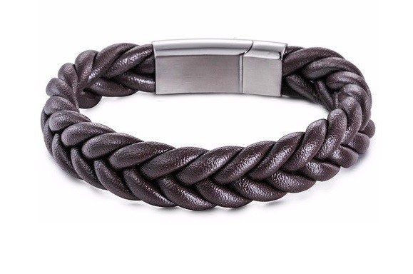 Unisex Black or Brown Stainless Steel and Woven Leather Cuff Bracelet Wristband