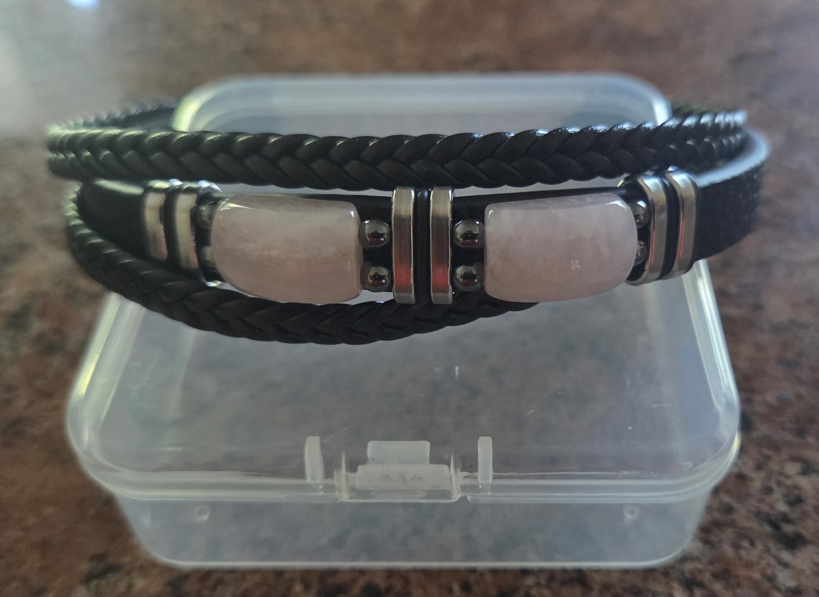Black Braided Leather Bracelet w/ Hematite and Rose Quartz Stones