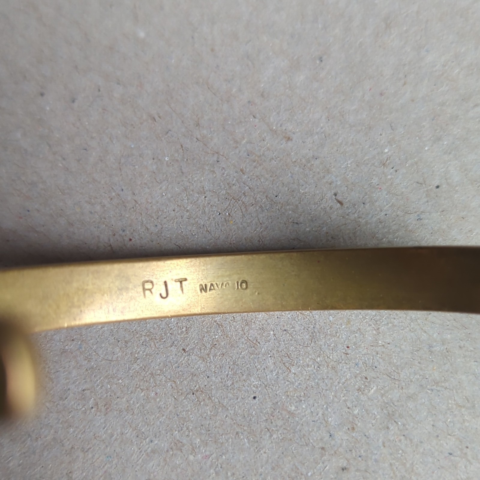 Signed RJT Navajo 10 Gold Tone Brass Engraved Adjustable Cuff Bracelet