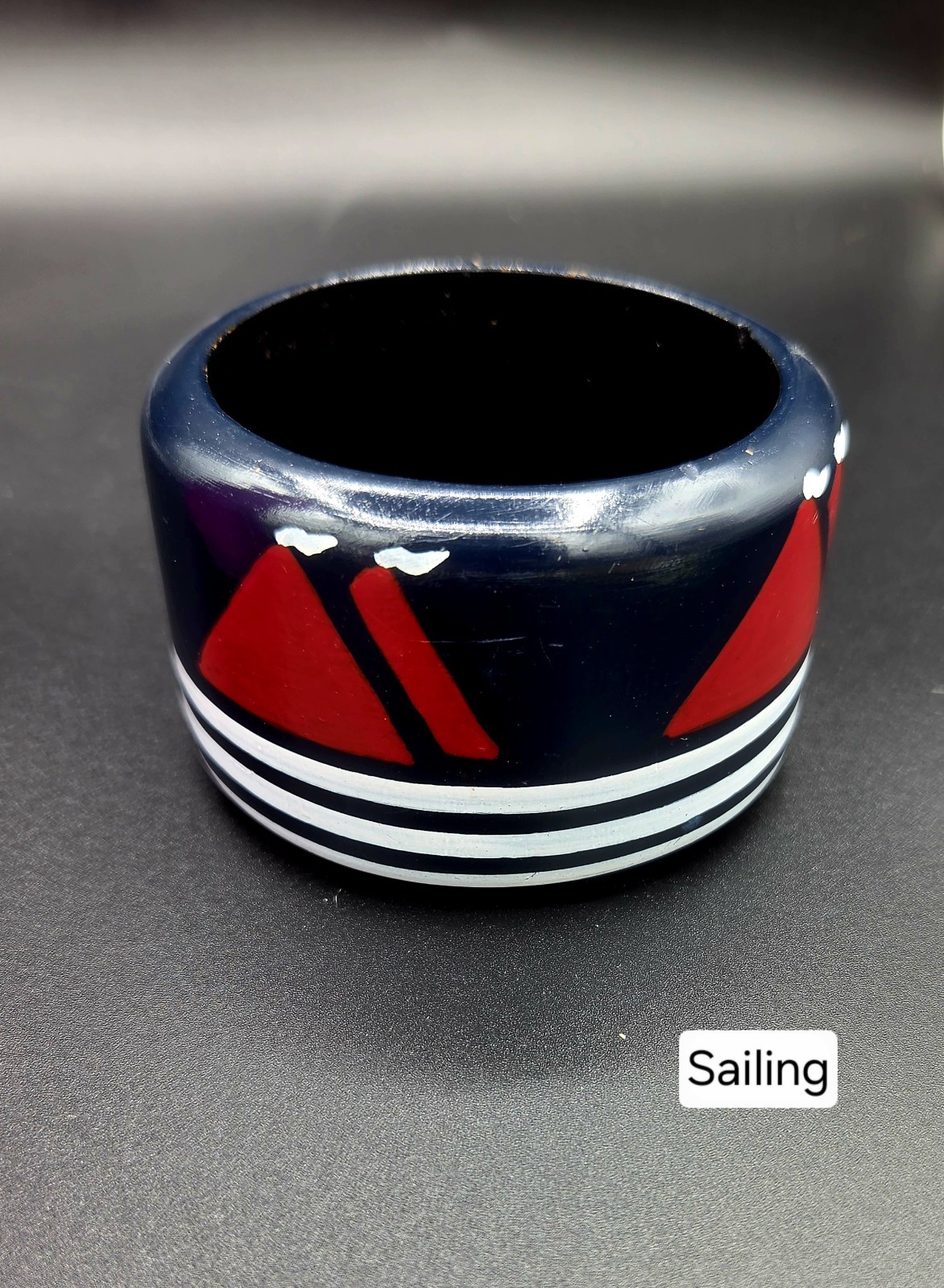 Vintage Bangle Wood Hand Painted Sailboat 1960s. 2.5″ Across 0391