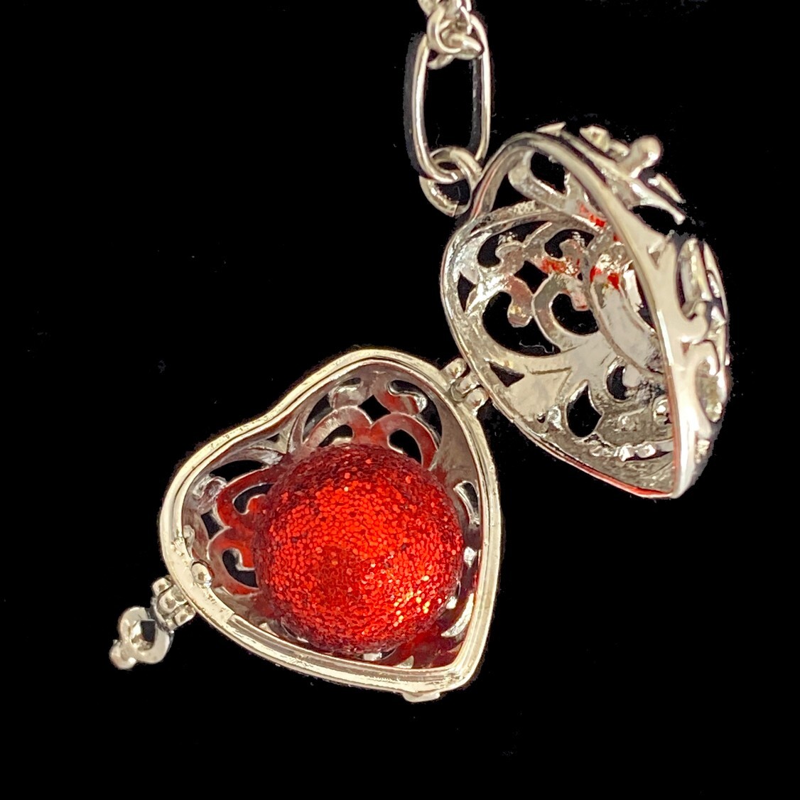 Silver tone Aromatherapy Filigree Heart Locket on Long Chain
