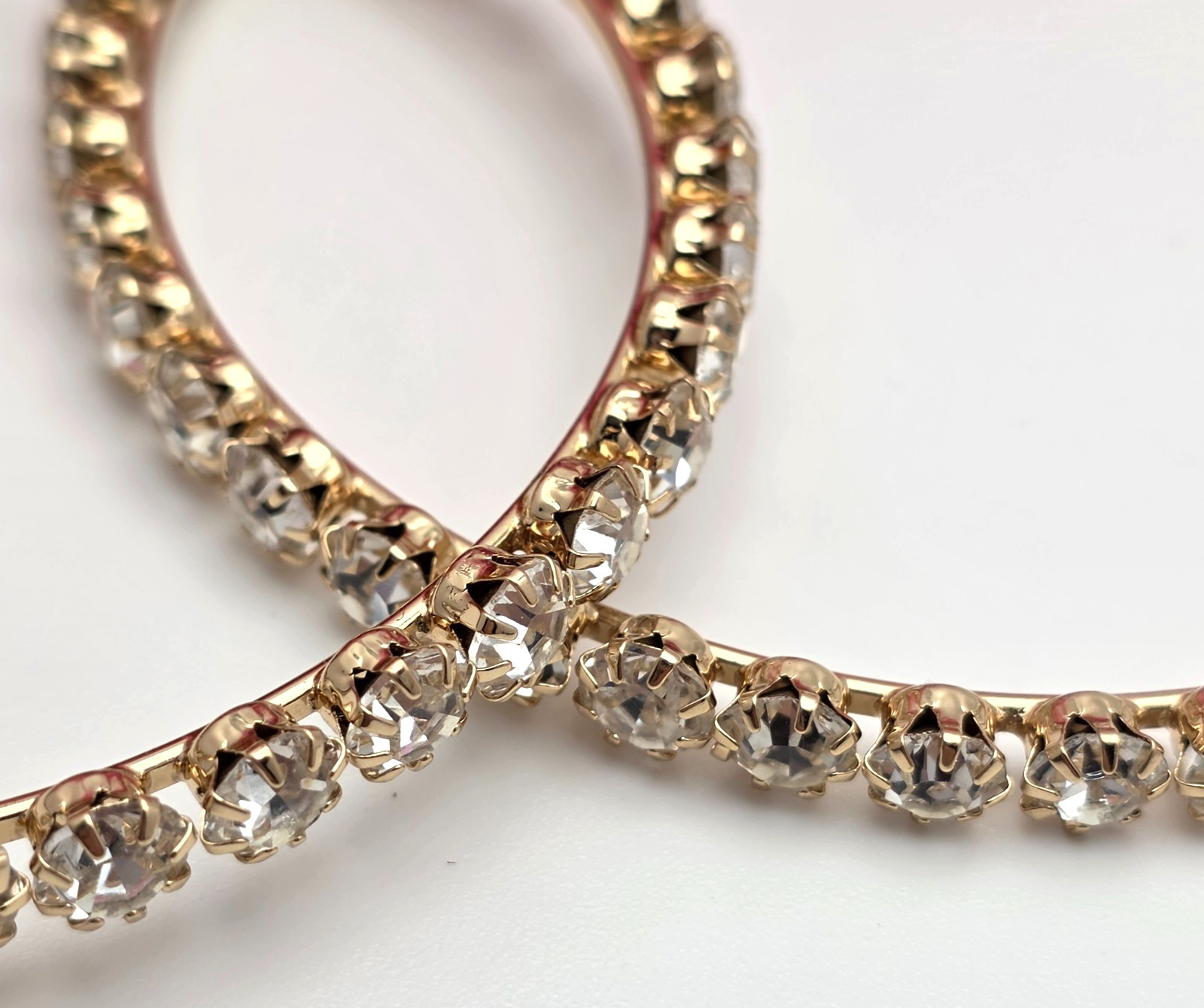 Gold Tone Clear Rhinestone Large Hoop Earrings Leverback 3.5 In