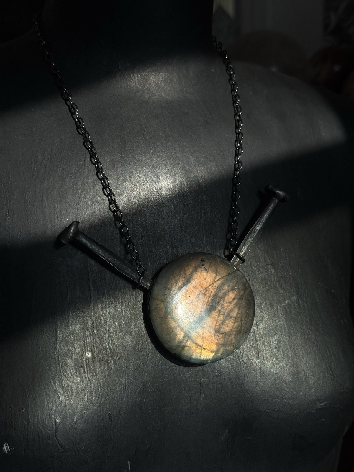 Labradorite and coffin nail statement crystal necklace gunmetal chain goth jewel