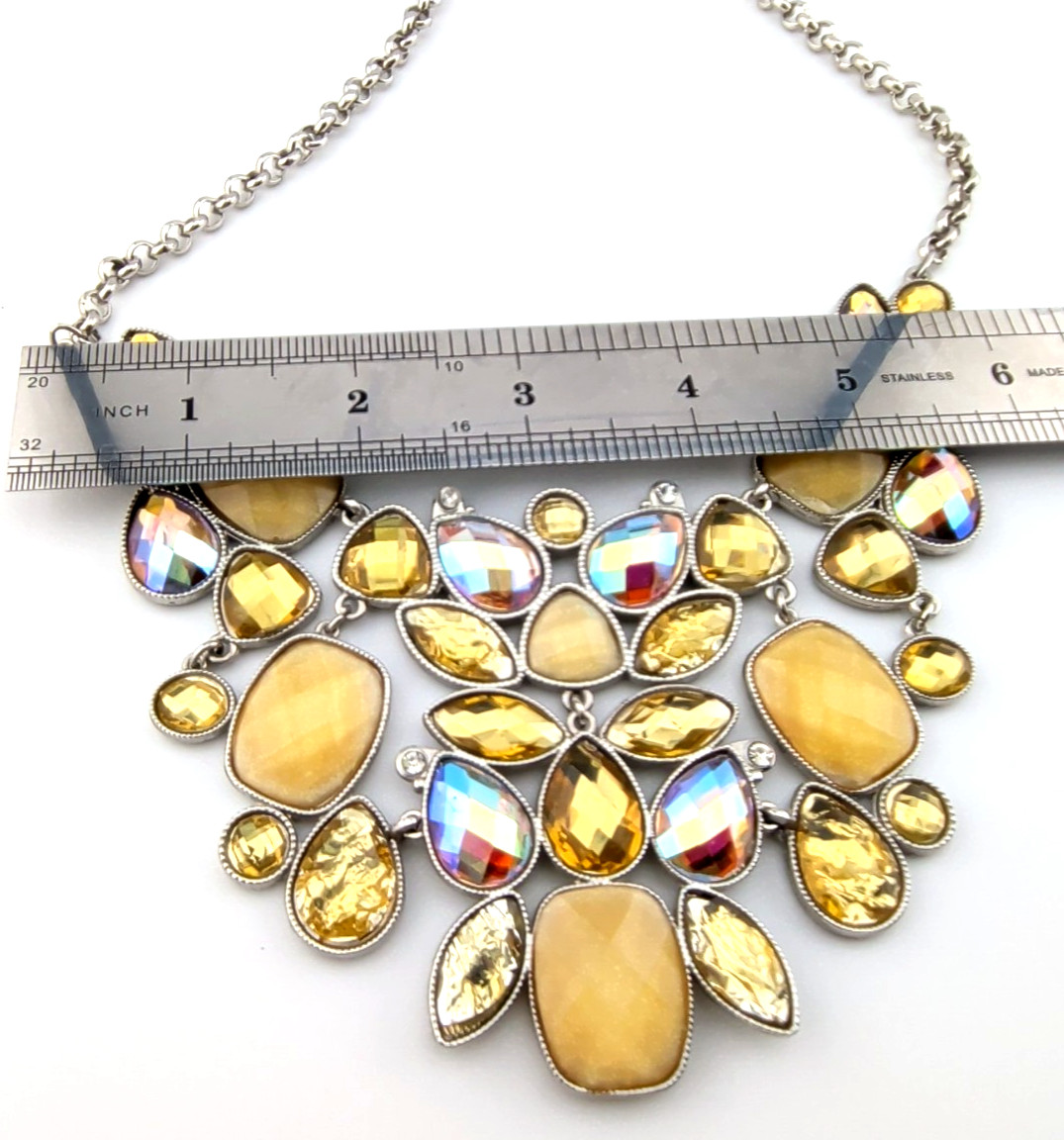 Statement Bib Necklace Gold/Iridescent Faceted Acrylic Crystals SilverTone Chain