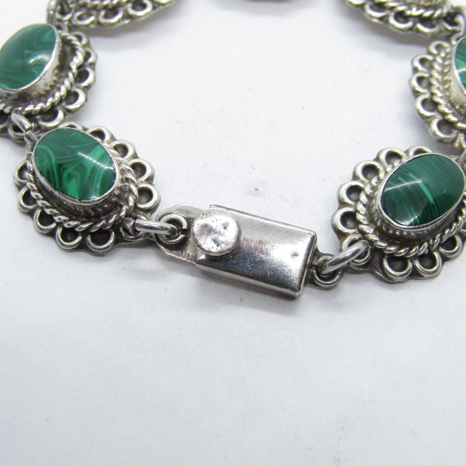 CRD TR-63 Mexico Sterling Silver 925 Malachite Flower Linked Bracelet 7″ SE203