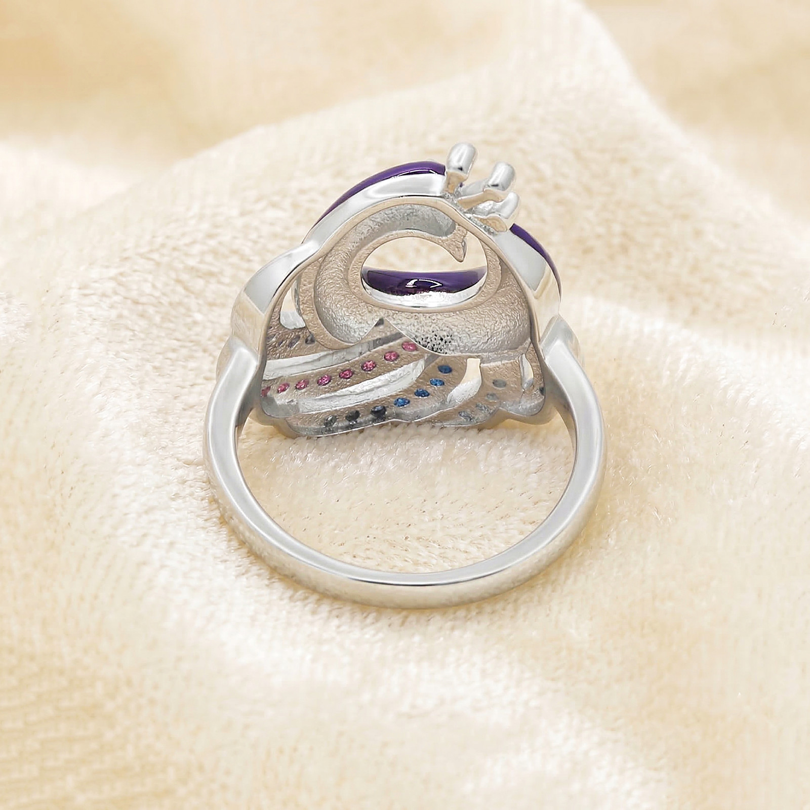 925 Sterling Silver Peacock Ring with Colorful -CZ, Purple Enamel Statement Ring