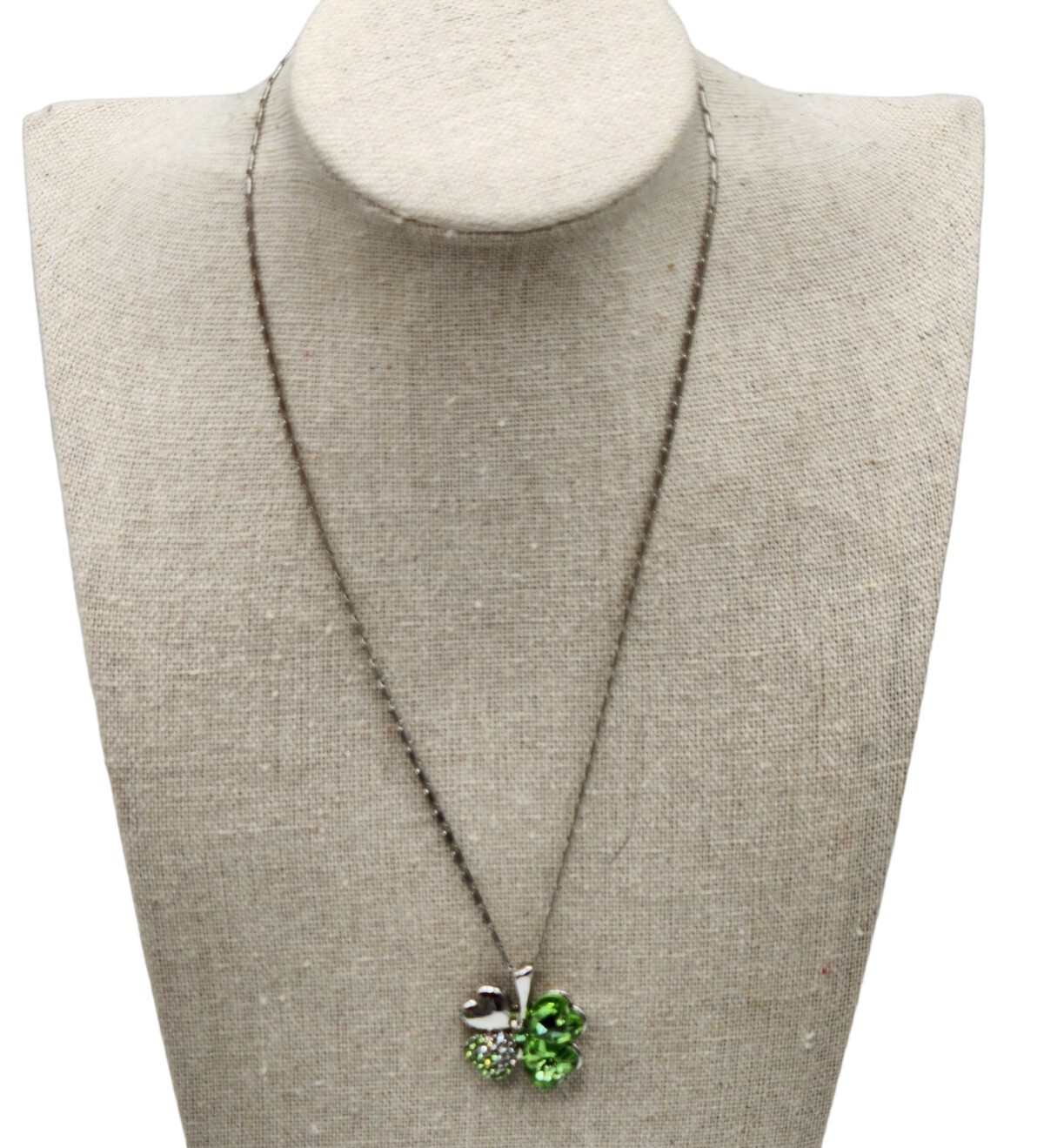 Four Leaf Clover Heart Pendant With Lime Green Crystal Necklace St. Patty’s Day
