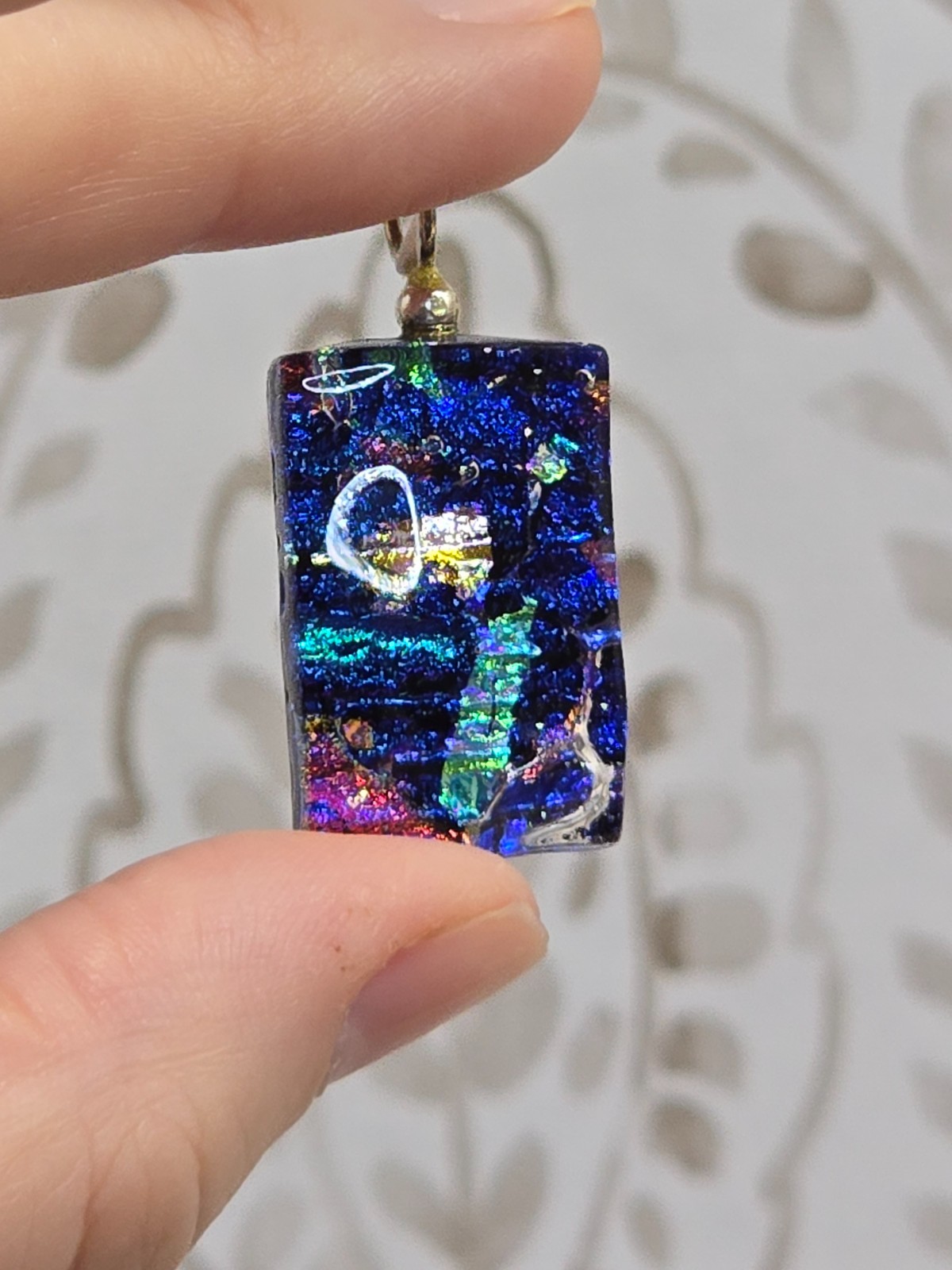 90’s Retro Vibe Artisan Dichroic Art Fused Glass Pink Blue Necklace Pendant