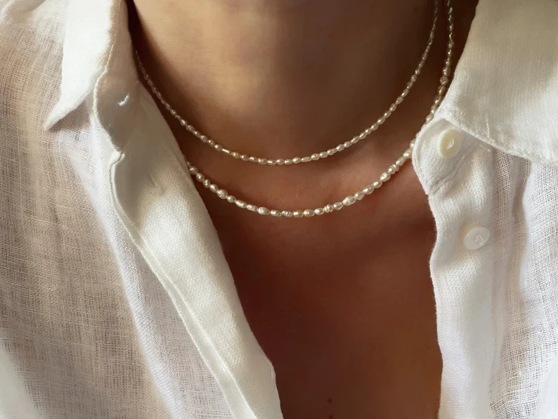 2-Piece Natural Freshwater Pearl Dainty Rice Bead Choker Necklace Set