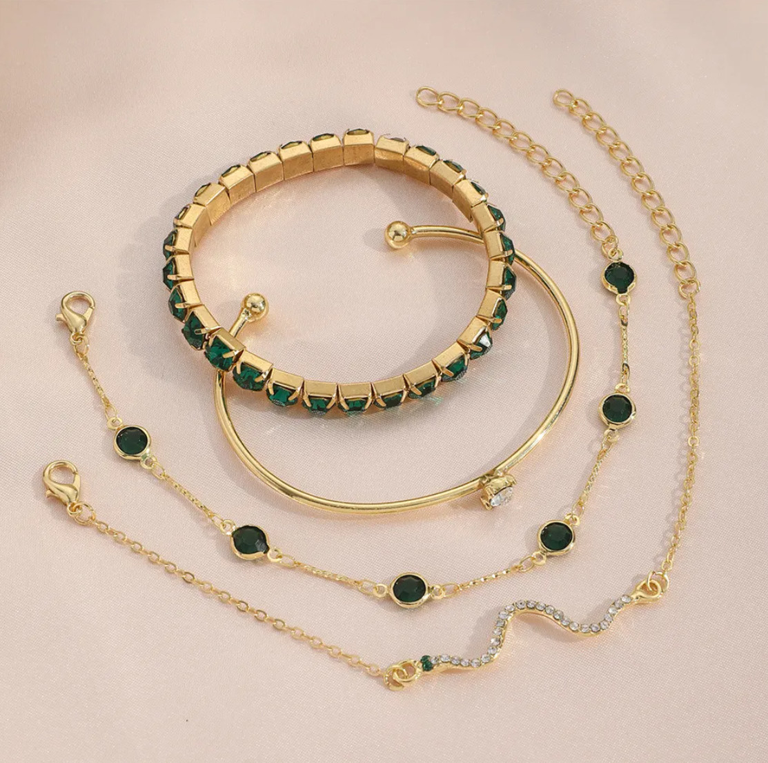 4Pcs Green Crystal Bracelet Set Women Gold Chain Stretch Bangle Jewelry Gift