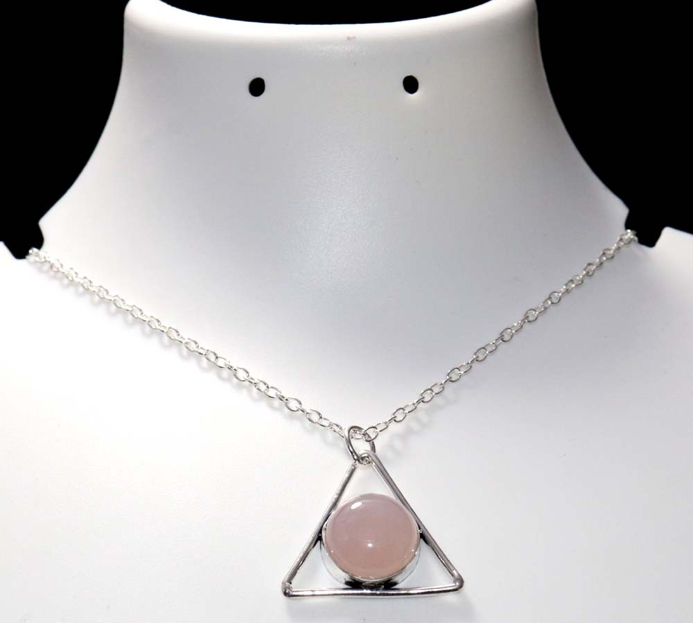 925 Silver Plated Triangle Round Rose Quartz Necklace 18″ Ethnic Jewelry MJ