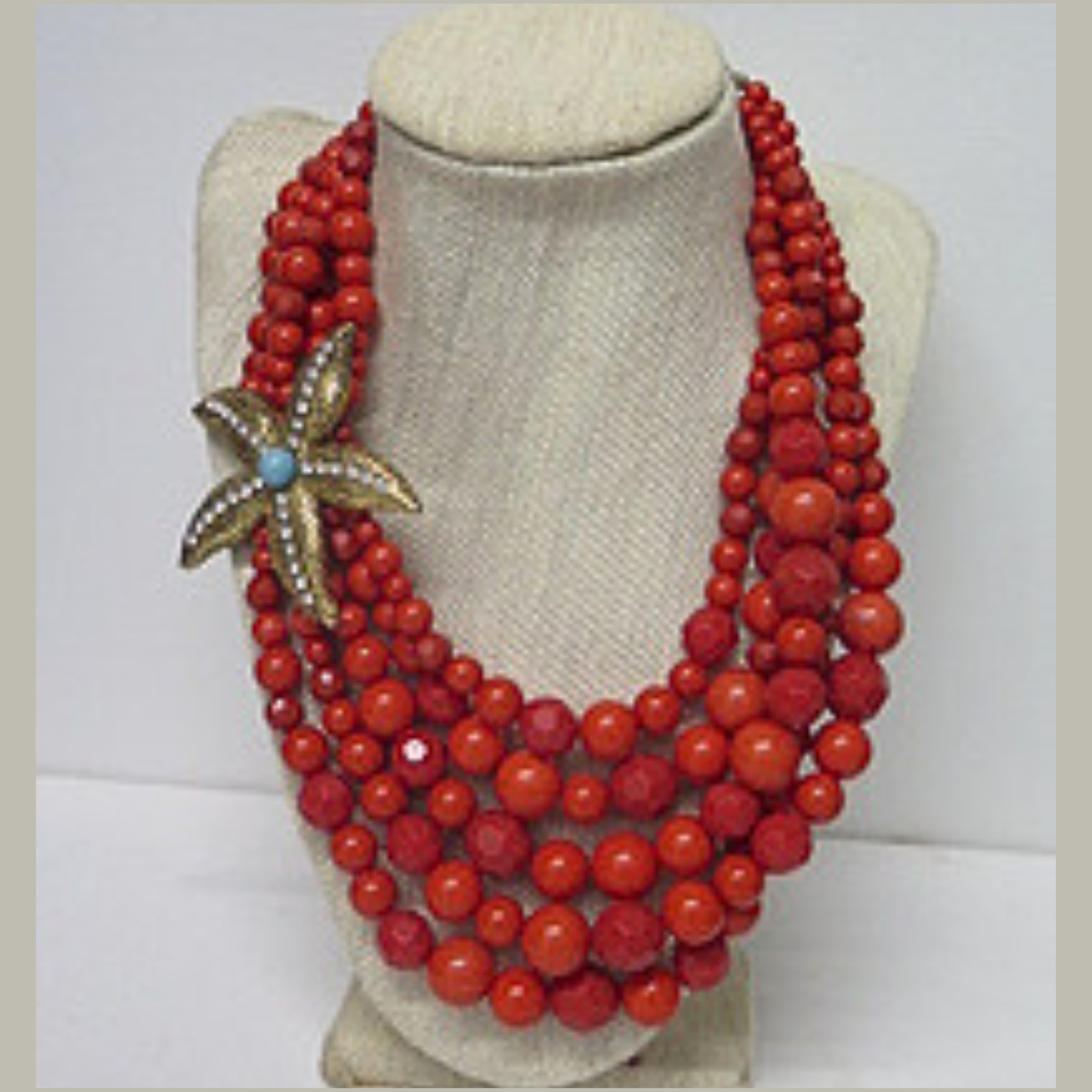 Coral Orange Multi Strand Beaded Necklace Starfish Brooch Statement 16.5″
