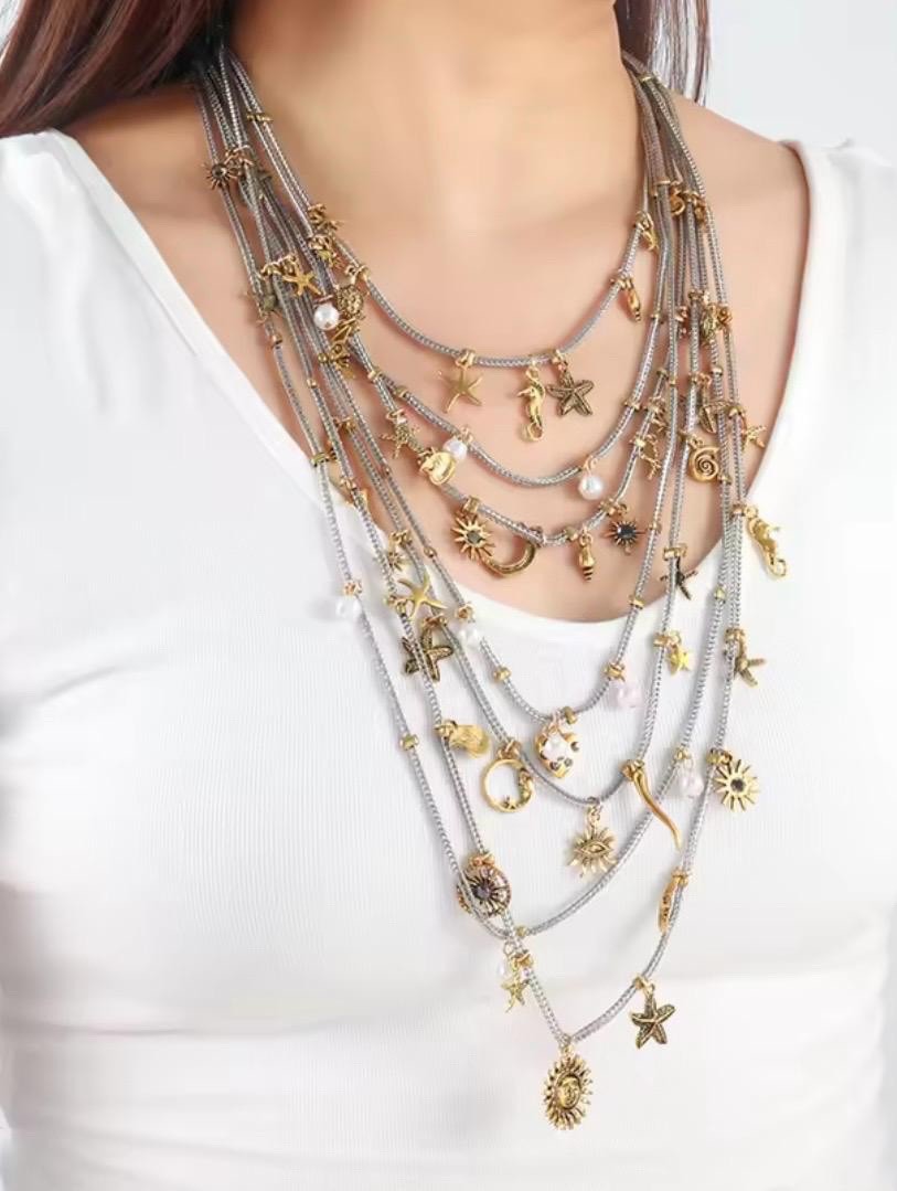 Layered Statement Multi Charms Pendant Necklace Vintage Boho Style Jewelry