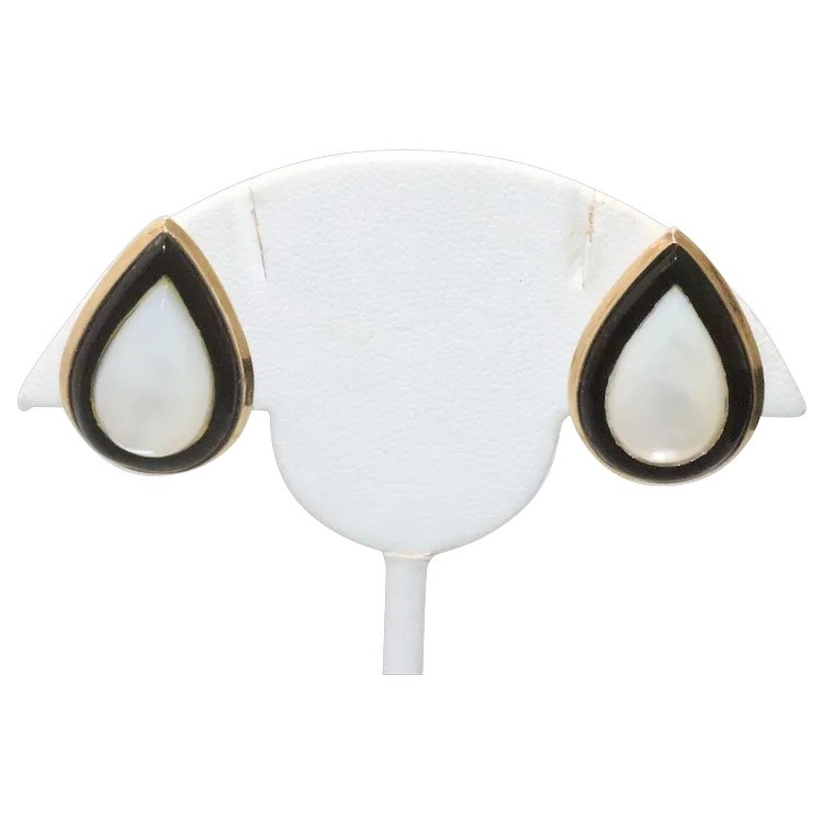Vintage 14 KT Gold Black Onyx And Mother Of Pearl Clip Earrings
